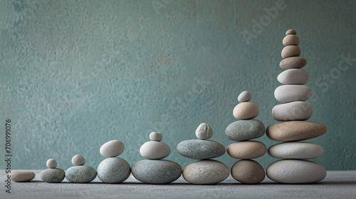 Pebbles artfully arranged to shape a graph symbolizing growing columns, visually conveying the concept of capital growth and wealth accumulation in a creative display. Compound interest concept. photo