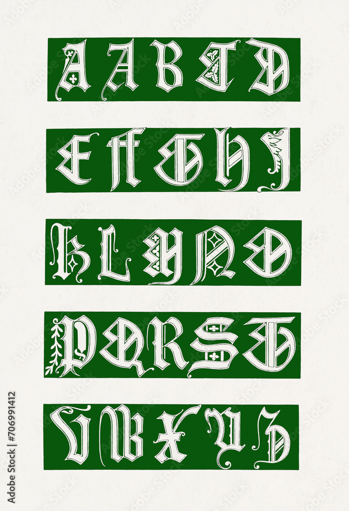 Medieval Alphabet. Decorative initial designs Medieval Alphabet. Decorative initial designs