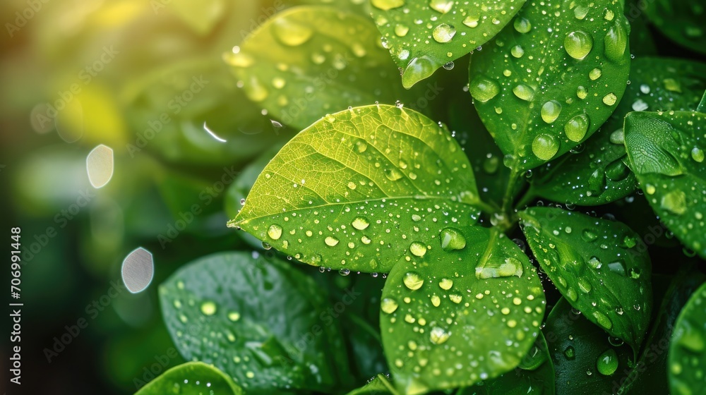 Dew on fresh spring leaves, Macro Shot, Lush Green background Dew on fresh spring leaves, Macro Shot, Lush Green background