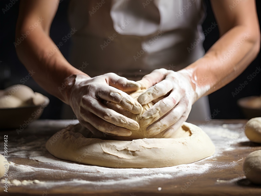 person kneading dough, hands kneading dough, chef preparing dough