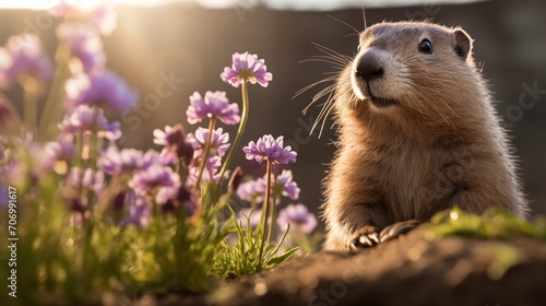 Groundhog marmot at dawn near the bright spring flower standing on his back feet looking for shadow