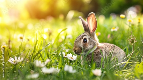 A cute rabbit hiding in the grass on a blooming spring meadow. AI generative