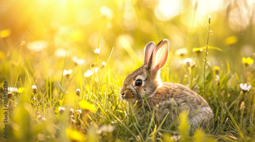Fototapeta premium A cute rabbit hiding in the grass on a blooming spring meadow. AI generative