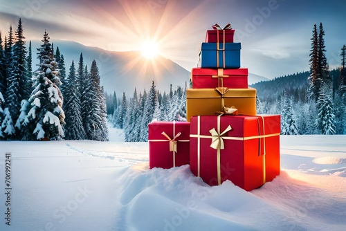 Christmas gifts in snow with sunset photo