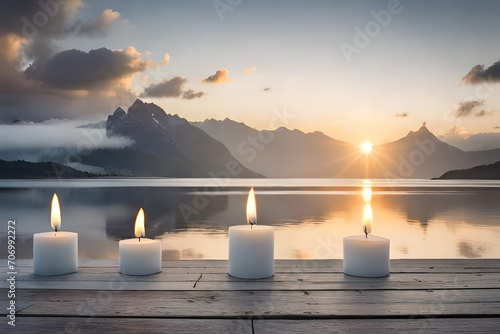 burning candle in sunset photo