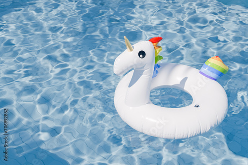 3D rendering of an inflatable unicorn float in a swimming pool with clear water, summer concept.