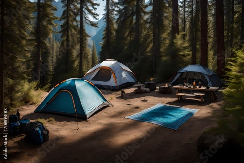  a stunning scene displaying an array of lifestyle hiking and camping equipment arranged against a picturesque outdoor backdrop. 