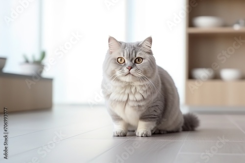 close up portrait british shorthair cat looking at camera in a bright kitchen, concept of domestic elegance for interior design, pet wellness, and animal lifestyle