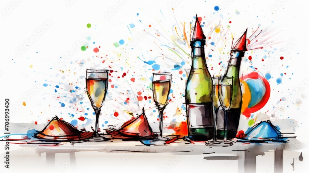 New Year's Eve, party, carnival, birthday celebration concept illustration - abstract drawing of champagne bottles and champagne glasses on table, isolated on white background New Year's Eve, party, carnival, birthday celebration concept illustration - abstract drawing of champagne bottles and champagne glasses on table, isolated on white background