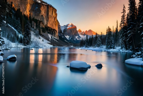 Snowfall in river with mountains photo