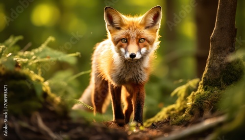 Red Fox in Forest Staring at Camera