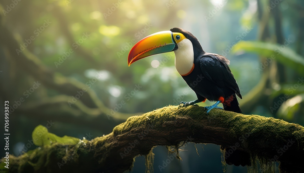Obraz premium Toco Toucan Perched on Jungle Branch in Vivid Rainforest Habitat