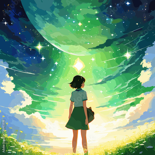 An image imbued with shades of green, depicting the harmonious blend of nature and stars across the sky.