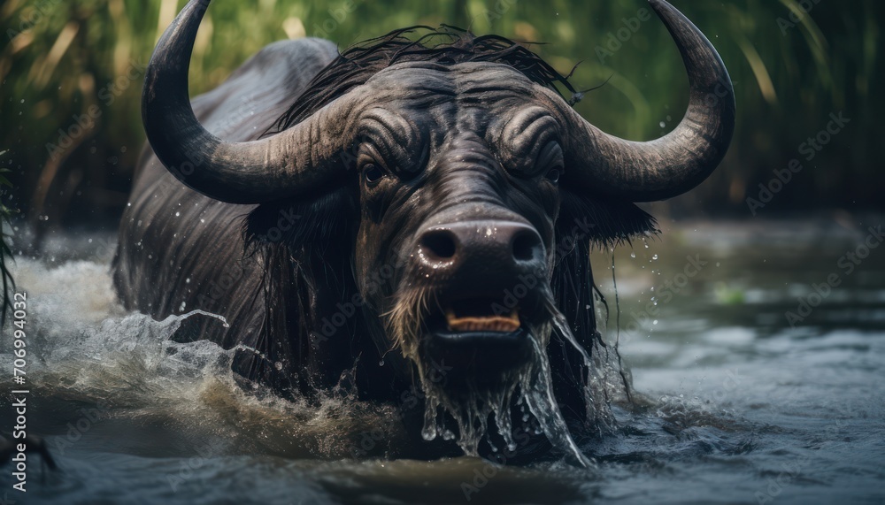 Obraz premium Majestic Wild Water Buffalo With Large Horns Wading in Water