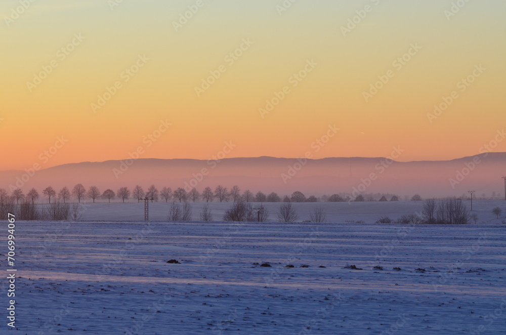 beautiful cold January day, view of the sunrise over the mountains, Bolatice, Czech Landscape, 