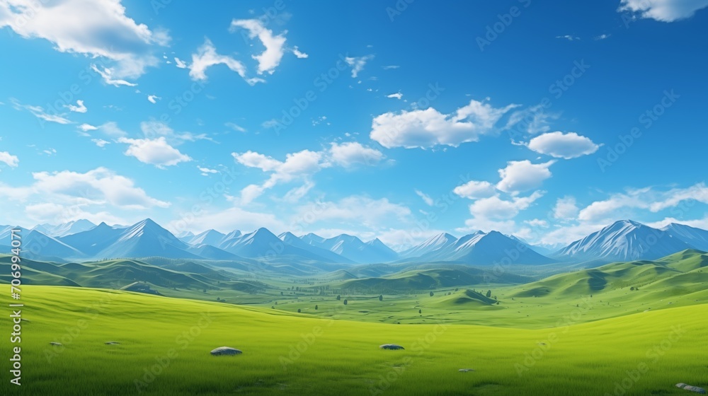 A panoramic view of a tranquil grassland, the vibrant green grass contrasting beautifully with the azure sky and fluffy clouds, and a range of mountains providing a majestic backdrop A panoramic view of a tranquil grassland, the vibrant green grass contrasting beautifully with the azure sky and fluffy clouds, and a range of mountains providing a majestic backdrop