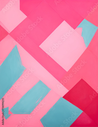 Abstract geometric painting with pink and blue shapes with brush stroke