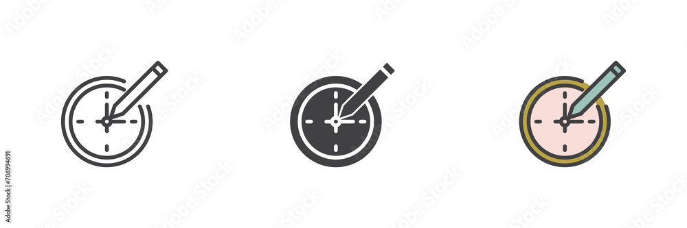 Clock and pen different style icon set Clock and pen different style icon set