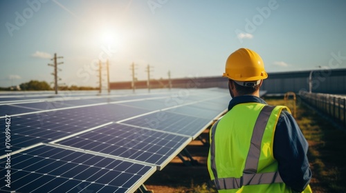 A field of solar panels with a male worker, an energy specialist. Concept of clean solar energy, renewable resources. Background for advertising, business of solar systems.