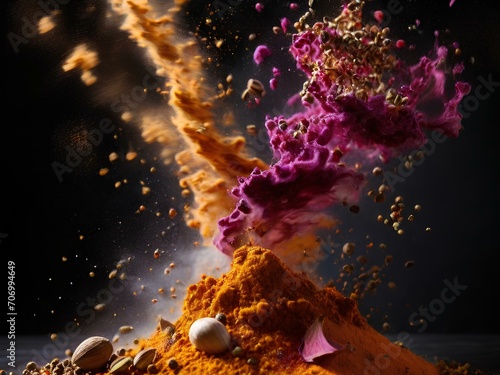 various spices explosion on dark background, spices explosion photo