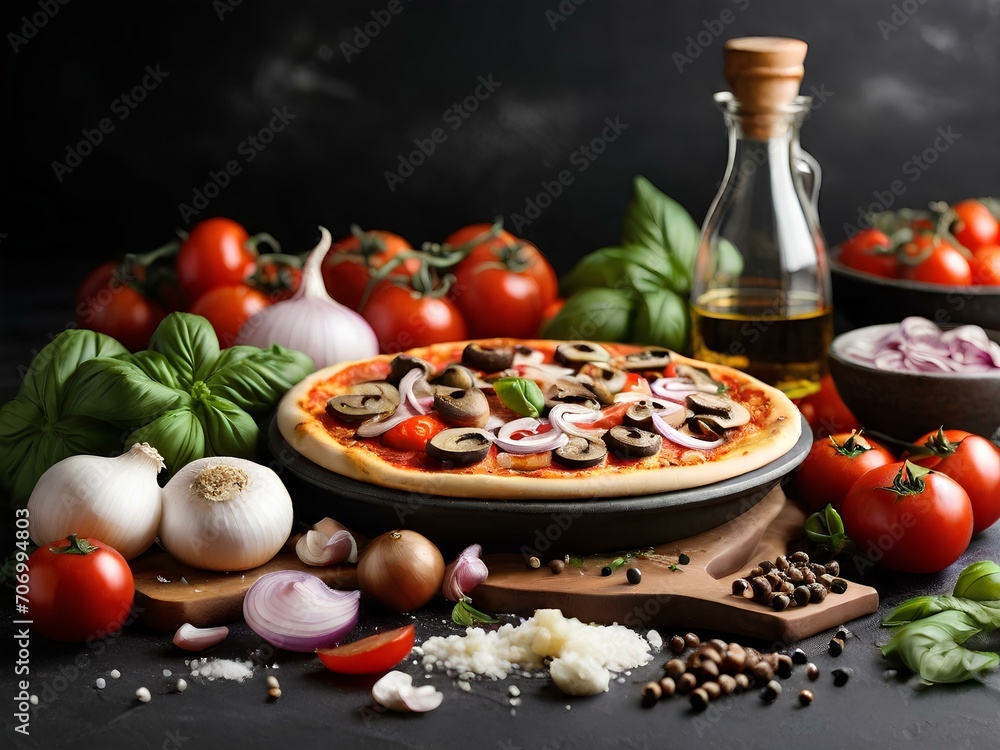 pizza with mushrooms and tomatoes, pizza with vegetables pizza with mushrooms and tomatoes, pizza with vegetables