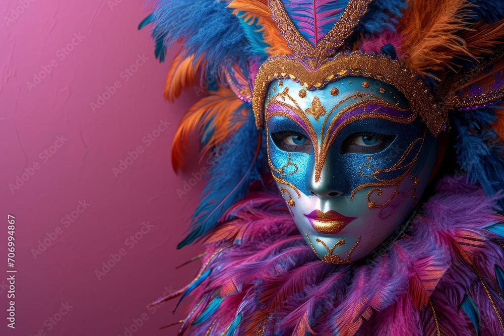 Detailed Carnival Mask with Feather Decoration.
Side view of a carnival mask adorned with colourful feathers and beads.