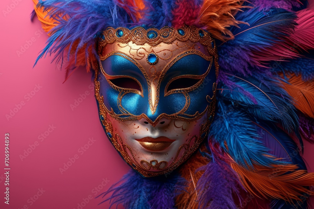 Festive Masquerade Mask with Vivid Colors.
Close-up of a masquerade mask with blue and pink feathers on a gradient background.