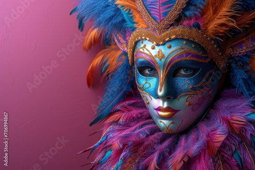 Detailed Carnival Mask with Feather Decoration. Side view of a carnival mask adorned with colourful feathers and beads.