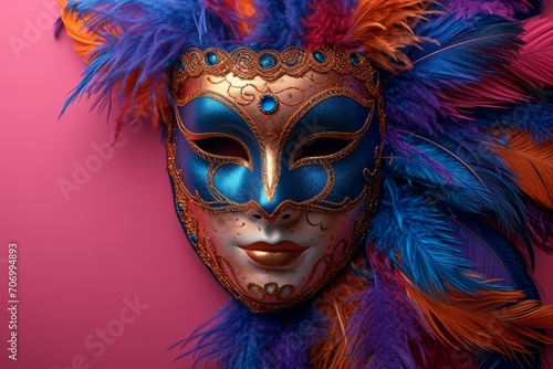 Festive Masquerade Mask with Vivid Colors. Close-up of a masquerade mask with blue and pink feathers on a gradient background.