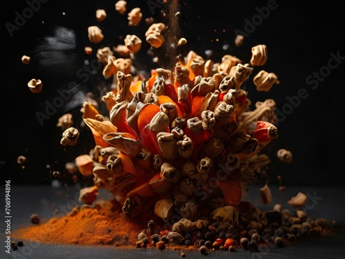 various spices explosion on dark background, spices explosion photo