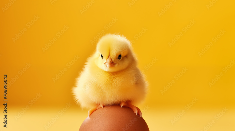 Small yellow chicken in a shell on a yellow background. postcard with copy space, easter concept.