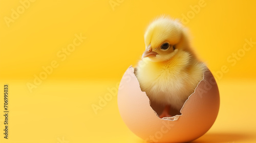Small yellow chicken in a shell on a yellow background. postcard with copy space, easter concept.