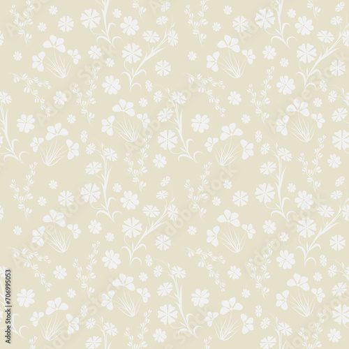 Seamless floral pattern, on a light beige background, small different flowers for fabric design, wallpapers, home textiles, wrapping paper.