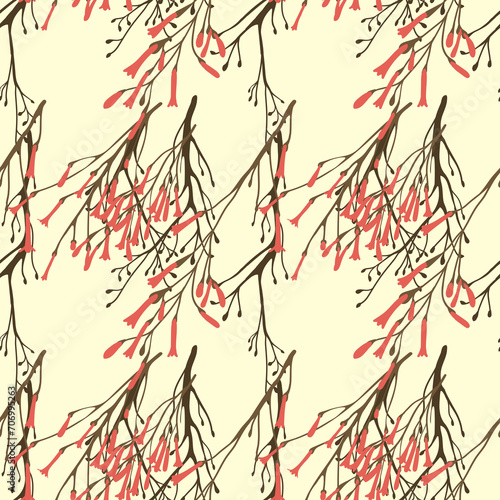 seamless pattern with stylized russelia horsetail flowers, on a light yellow background for fabric design, wallpaper, gift wrapping. Floral abstract pattern.