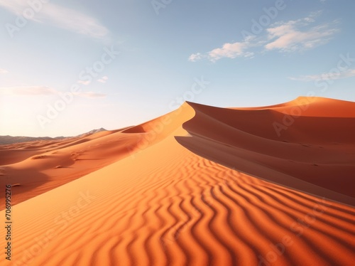 Desert landscape. Yellow desert sands. Figured dunes with a wavy pattern. Natural background for presentations, tourism, advertising.