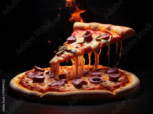 pizza with salami and cheese, pizza on the table ,delicious pizza on dark background