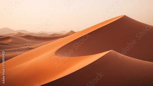 Desert landscape. Yellow desert sands. Figured dunes with a wavy pattern. Natural background for presentations, tourism, advertising.