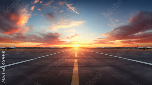 Runway, airstrip in the airport terminal with marking on blue sky with clouds background. Travel aviation concept. © standret