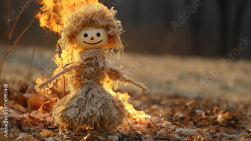 burning of the Maslenitsa straw effigy, farewell to winter, carnival, bonfire, holiday, shrovetide, traditional pagan rite, folk festival, fire, flame, people, doll, symbol, handmade, scarecrow, macro