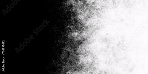  Abstract illustration with colorful gradient clouds. Freeze motion of color powder splash. Closeup of white and block dust particles exhale on dark background.