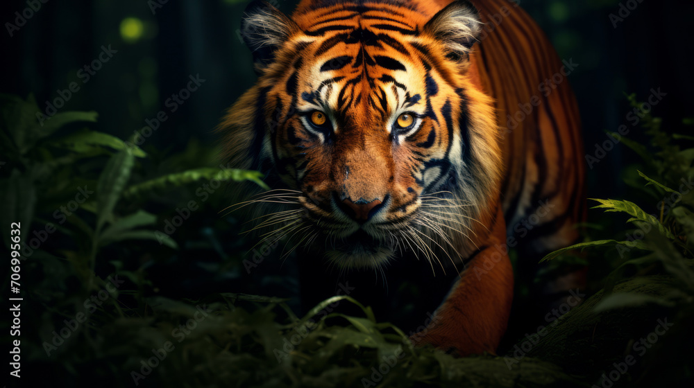 Close up Siberian Tiger walking on road through dark forest Close up Siberian Tiger walking on road through dark forest