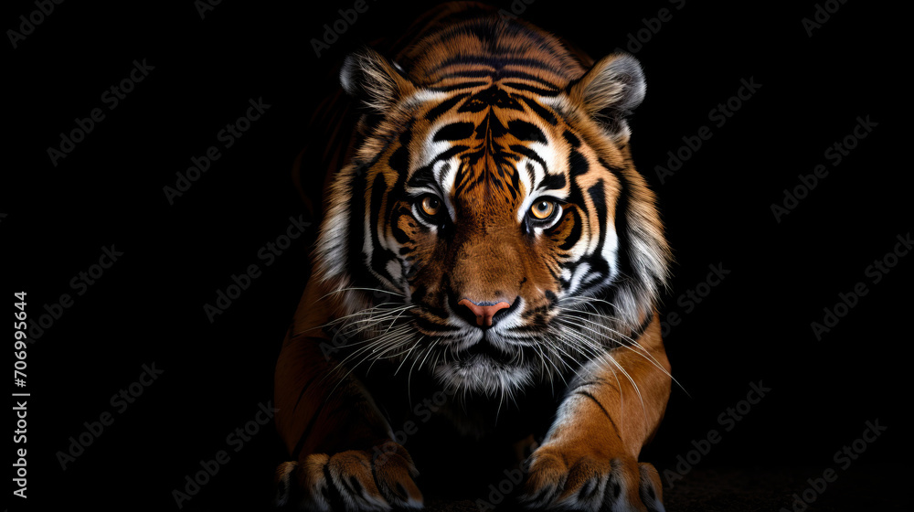 Fototapeta premium Close up Siberian Tiger walking on road through dark forest