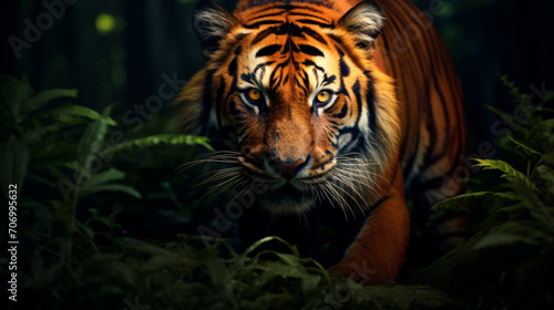 Close up Siberian Tiger walking on road through dark forest © standret