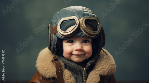 Happy kid playing with old pilot's cap and glasses photo