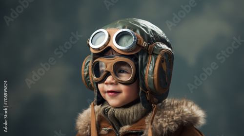 Happy kid playing with old pilot's cap and glasses