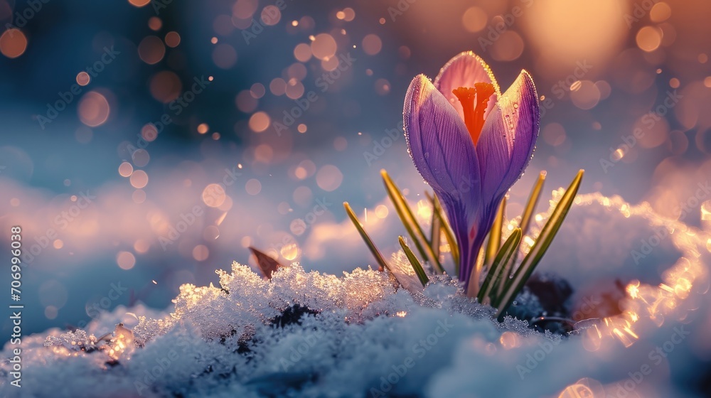 Crocuses open amidst snow patches, close-up, anticipation of spring, nature awakens - obrazy, fototapety, plakaty 