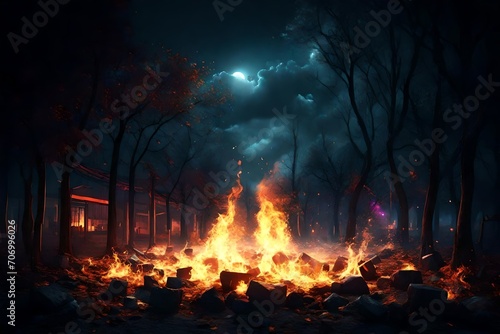 Fire in dark night jungle
