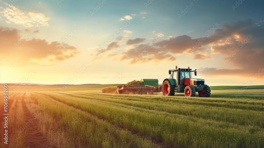 Fototapeta premium in the field, tractor harvesting. Farmer trying to finish sunset works with his tractor.
