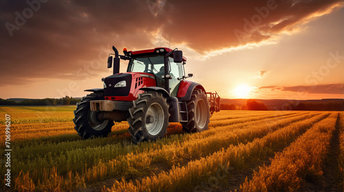 in the field  tractor harvesting. Farmer trying to finish sunset works with his tractor.