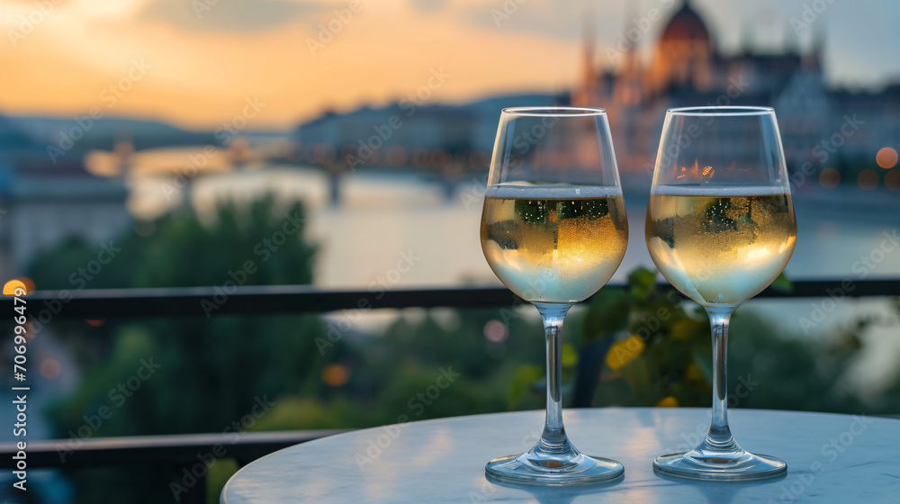 Obraz premium Cultural Fusion: Wine Tasting with Budapest's Blurry Skyline